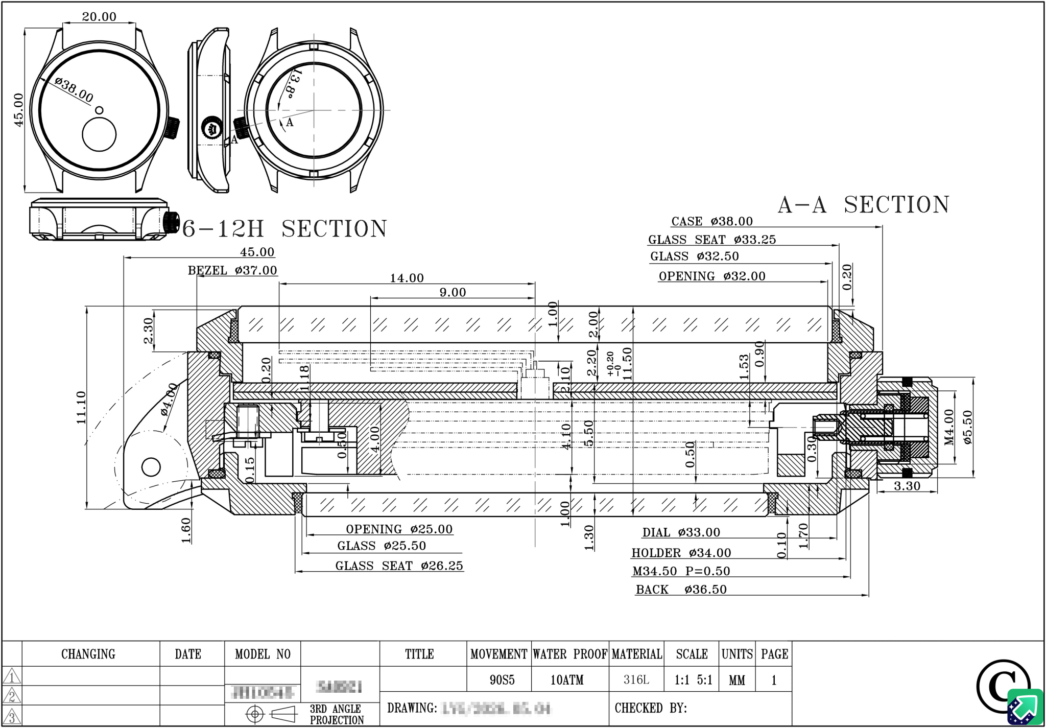 Technical drawing with redacted title block